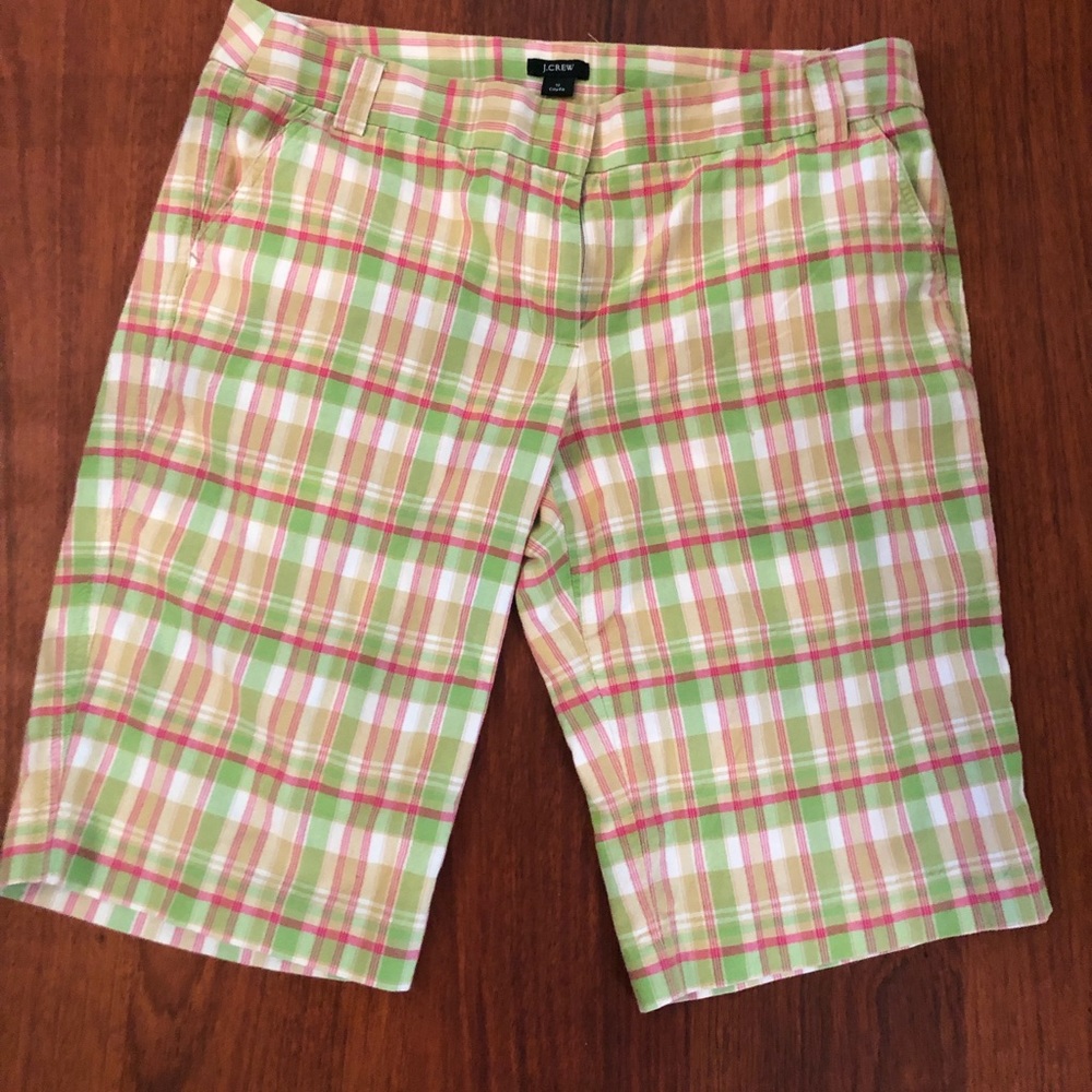 J. Crew Pink, Green & White Plaid Bermuda Shorts